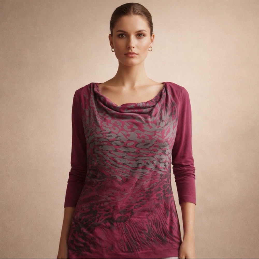 Edista Magenta Abstract Print Drape Neck Top – Size PL (Petite Large)